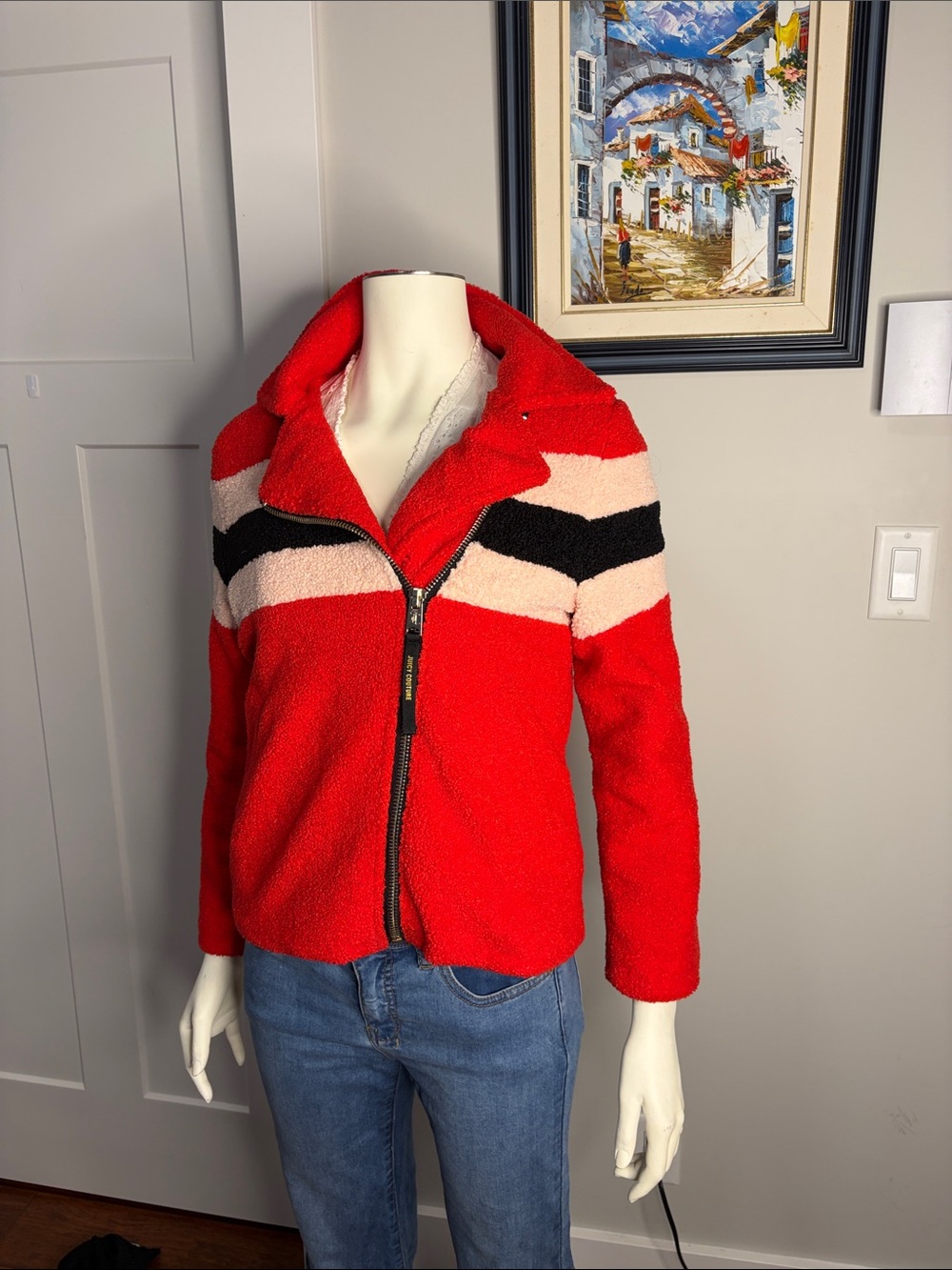 Juicy Couture Red Striped Cozy Zip-Front Women's Jacket